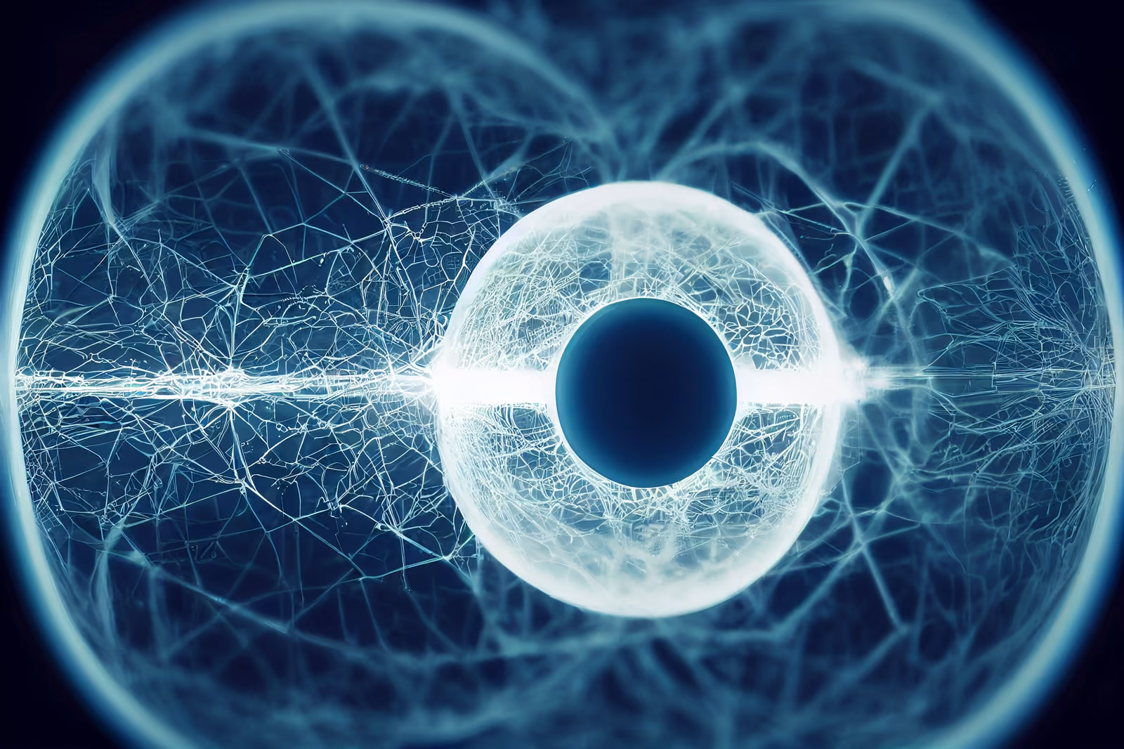 A glowing blue sphere woven from fine filaments of light